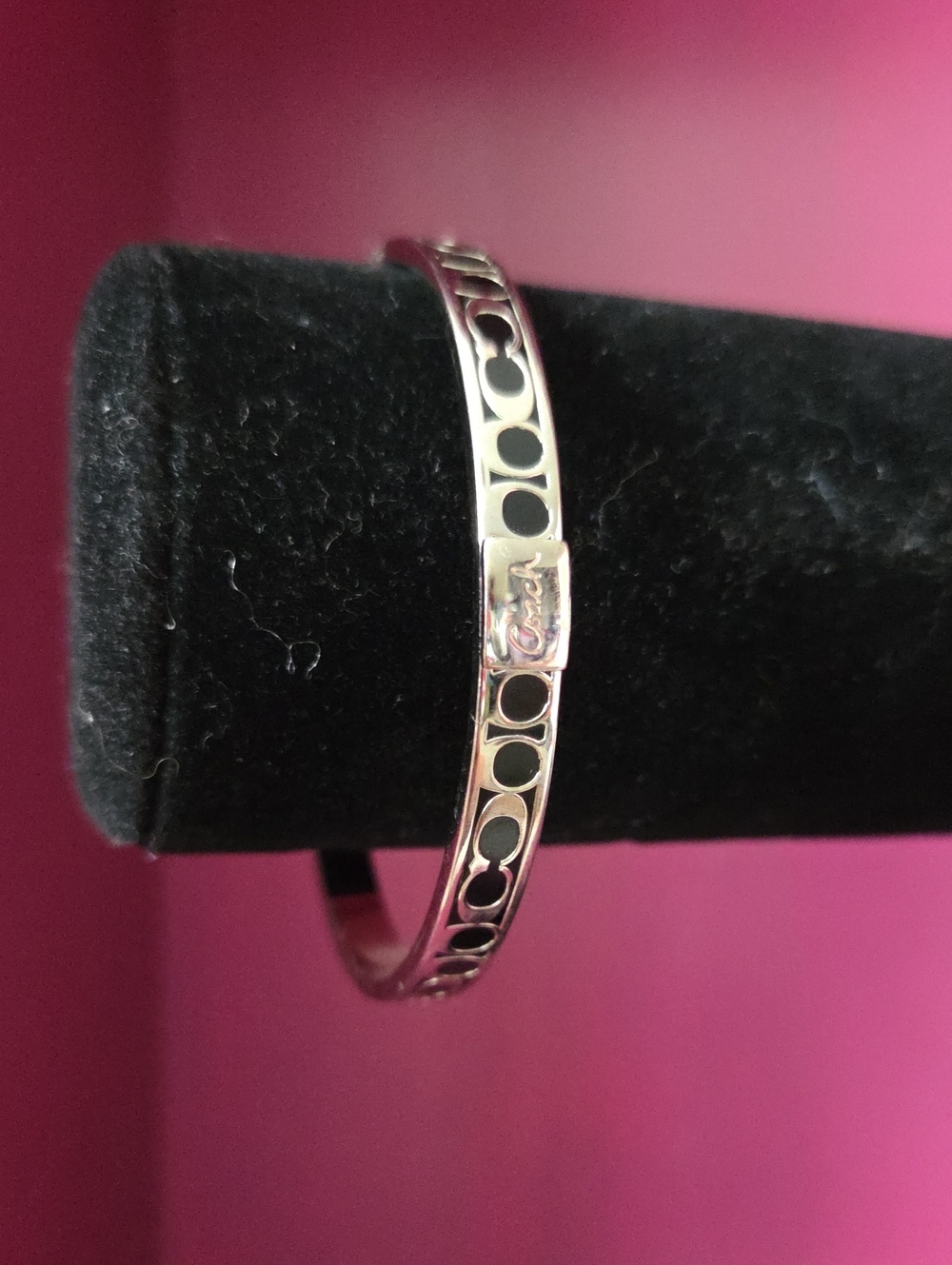 Coach Silver-Tone & Black Enamel Monogram Bangle Bracelet